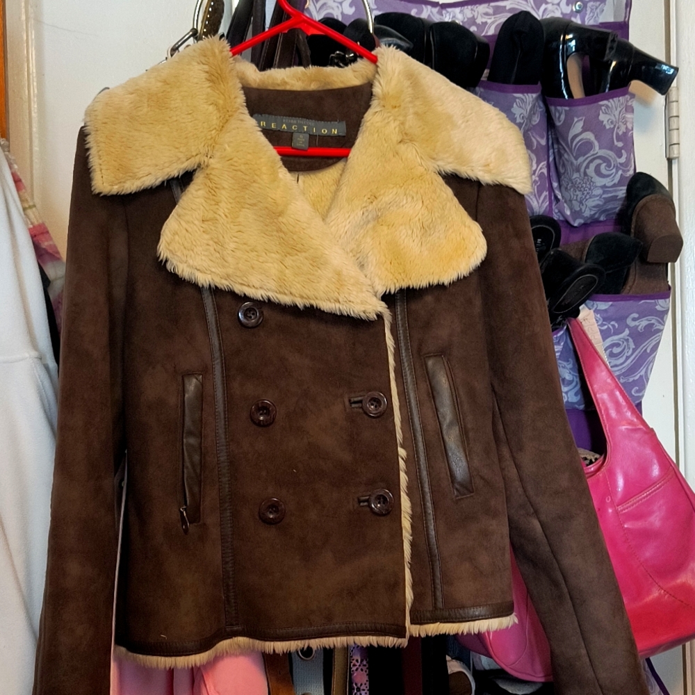 Kenneth Cole Reaction small brown faux leather jacket.